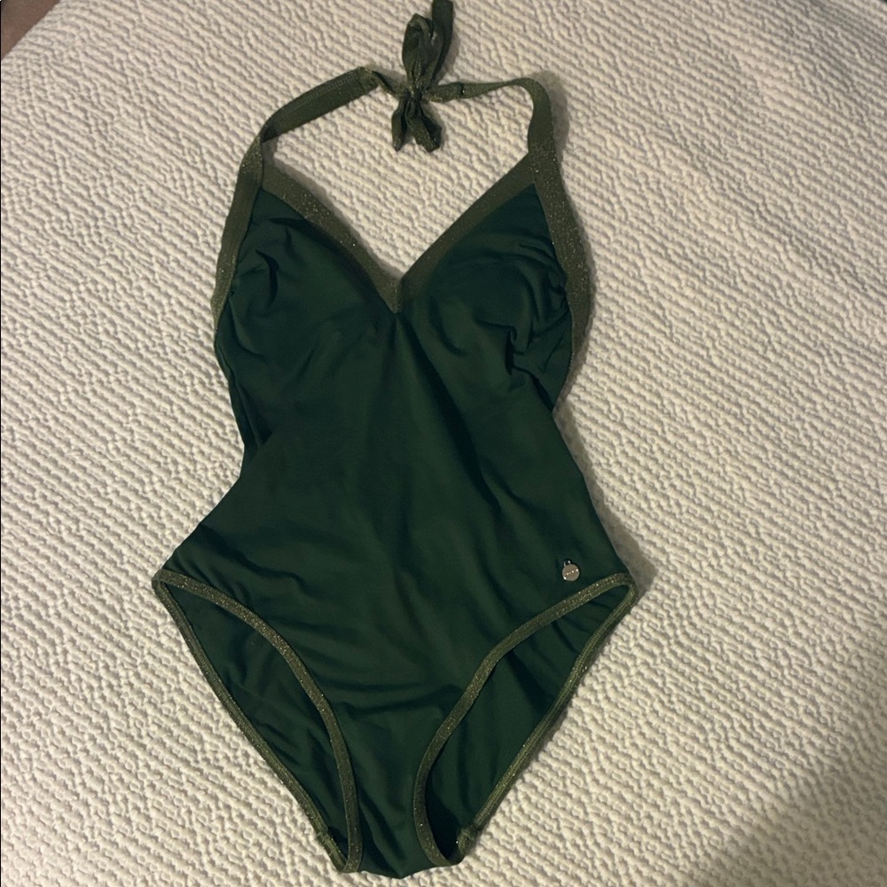 VENUS Dark Green One-Piece Halter Swimsuit with Shimmer Trim